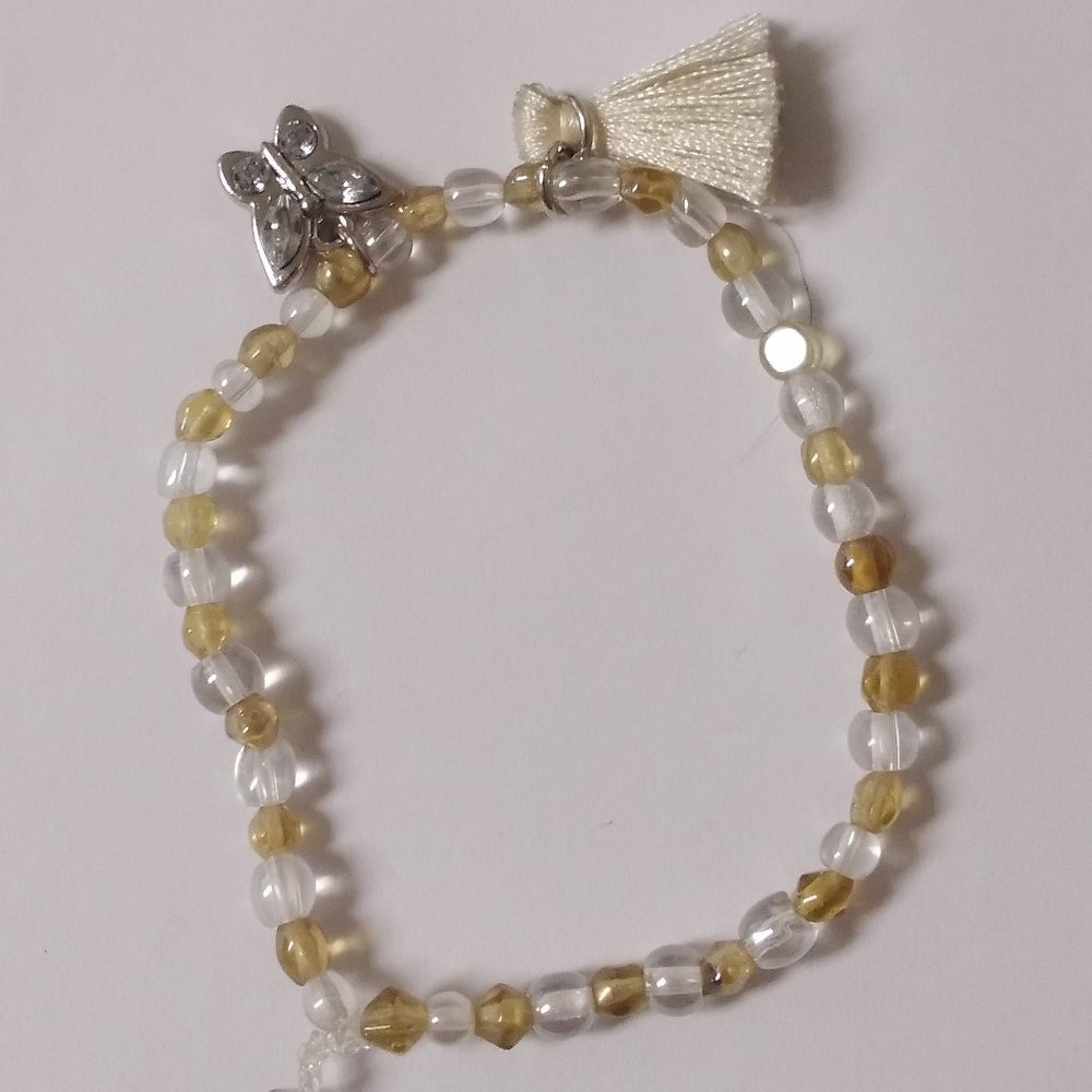 beige and clear, beige tassel and silver and clear butterfly homemade bracelet🦋